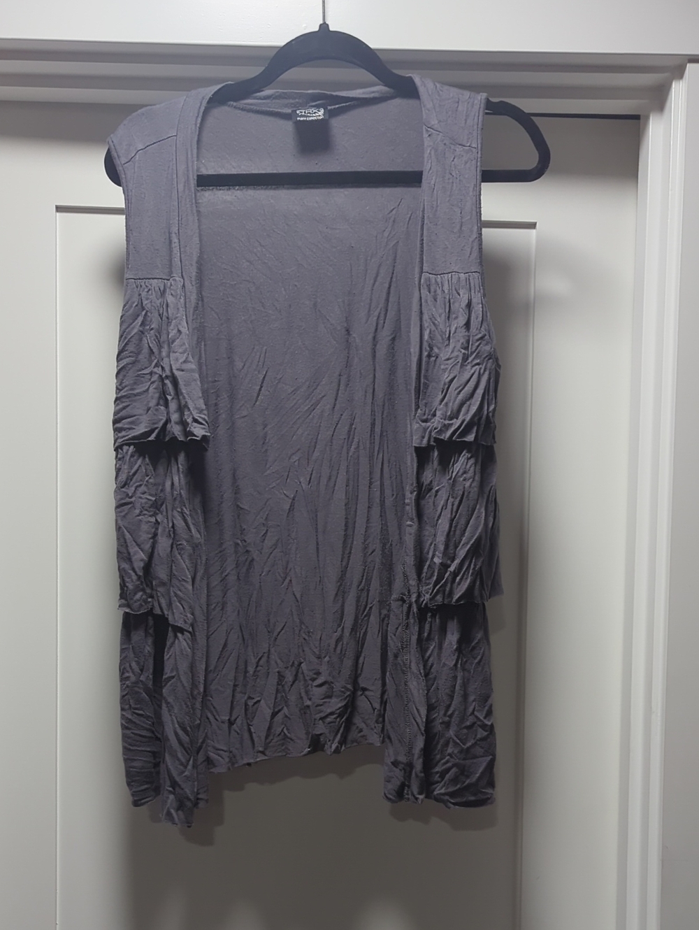 Mystree Gray Ruffle Sleeve Open Front Women's Top